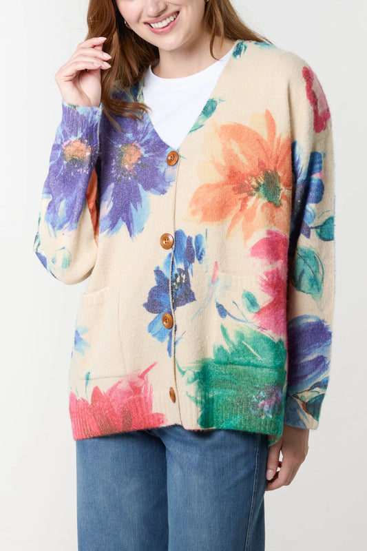 Button Floral Cardigan
