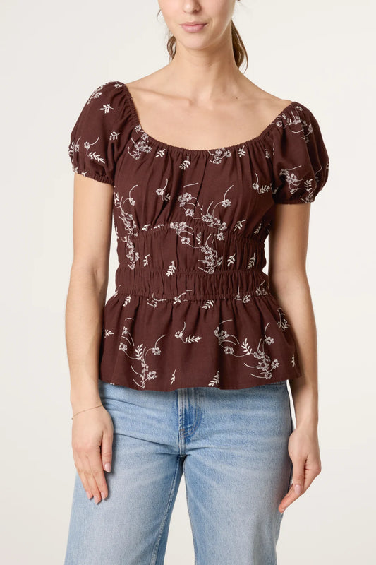 Brown shirred peplum