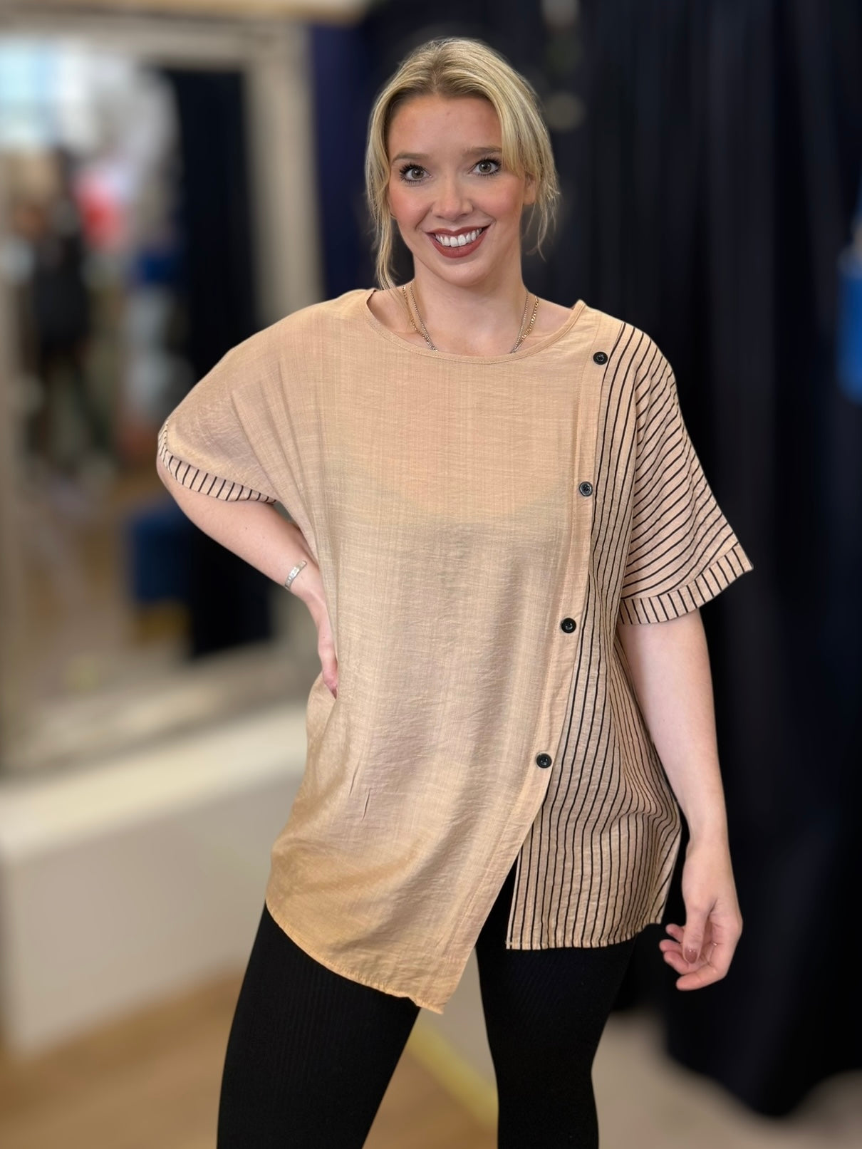 Cotton Blend Stripe & Button
